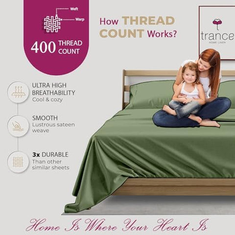Trance Home Linen Pure 100% Cotton 400TC Plain King Size Bedsheet with 2 Pillow Covers (108 x 108 Inch | 9ft x 9ft, Green)