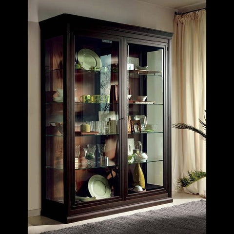 Trueliving Black Wood Glass Door Crockery Cabinet 43.2D x 101.6W x 172.7H Centimeters