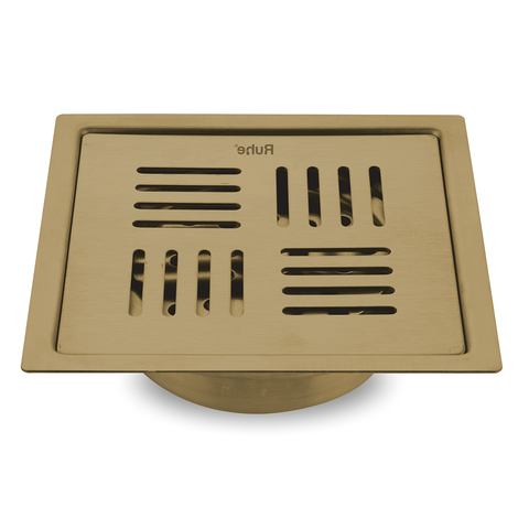 Trueliving_Ruby Silver Square Flat Cut Floor Drain in Yellow Gold PVD Coating (5 x 5 Inches)