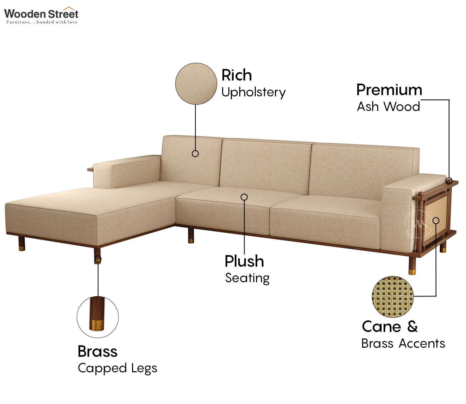 Saket Ash Wood L Shape Left Align Sofa with Cane And Brass Accents (Sand Beige)