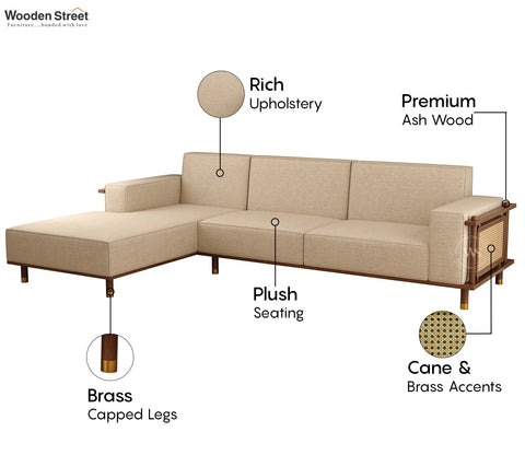 Saket Ash Wood L Shape Left Align Sofa with Cane And Brass Accents (Sand Beige)
