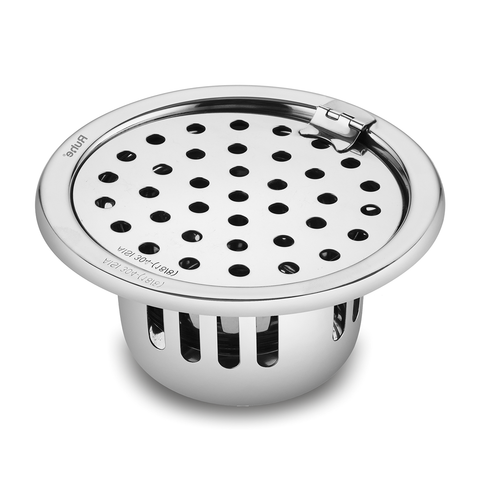 Trueliving_Round Silver 304-Grade Floor Drain with Collar, Hinge & Cockroach Trap (5 Inches)