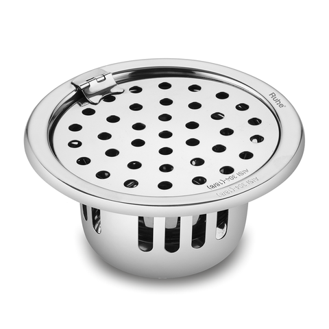 Trueliving_Round Silver 304-Grade Floor Drain with Collar, Hinge & Cockroach Trap (5 Inches)