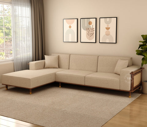Saket Ash Wood L Shape Left Align Sofa with Cane And Brass Accents (Sand Beige)