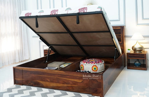 Ferguson Sheesham Wood Hydraulic Bed With Storage (Queen Size, Honey Finish)