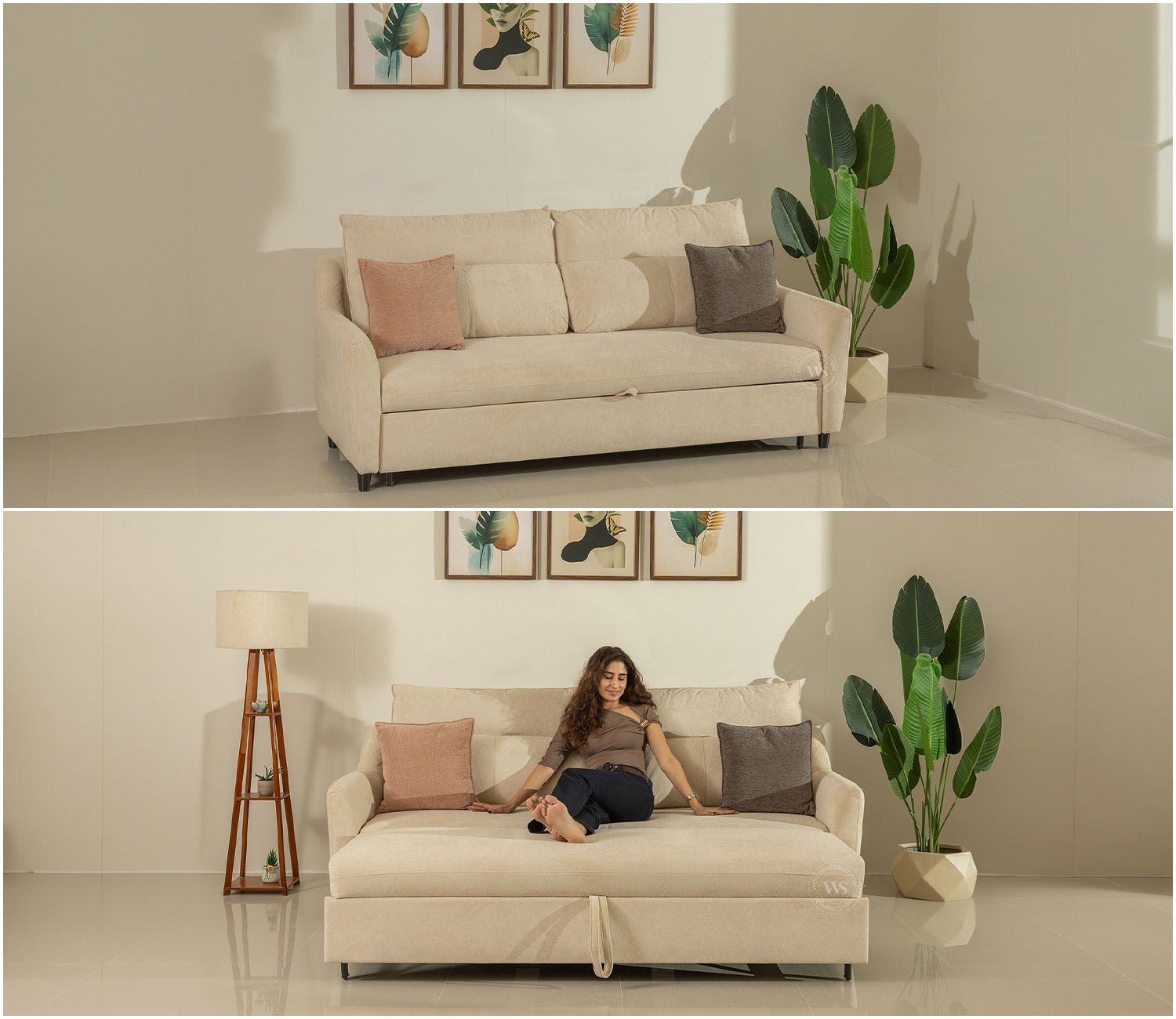 Tevo 3-Seater Sofa Cum Bed | Pull-Out Bed Mechanism | Fabric Upholstery (Off White)