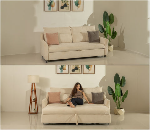 Tevo 3-Seater Sofa Cum Bed | Pull-Out Bed Mechanism | Fabric Upholstery (Off White)