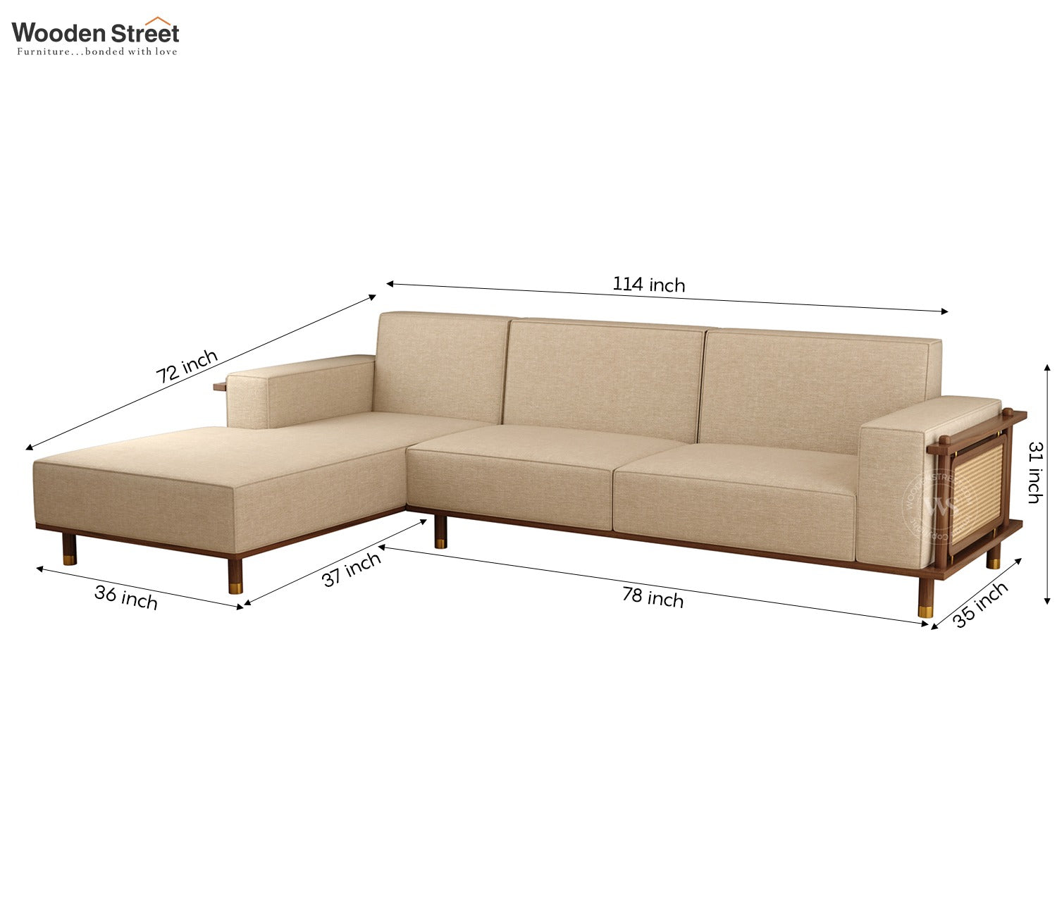 Saket Ash Wood L Shape Left Align Sofa with Cane And Brass Accents (Sand Beige)