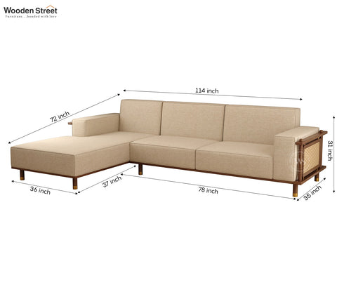 Saket Ash Wood L Shape Left Align Sofa with Cane And Brass Accents (Sand Beige)