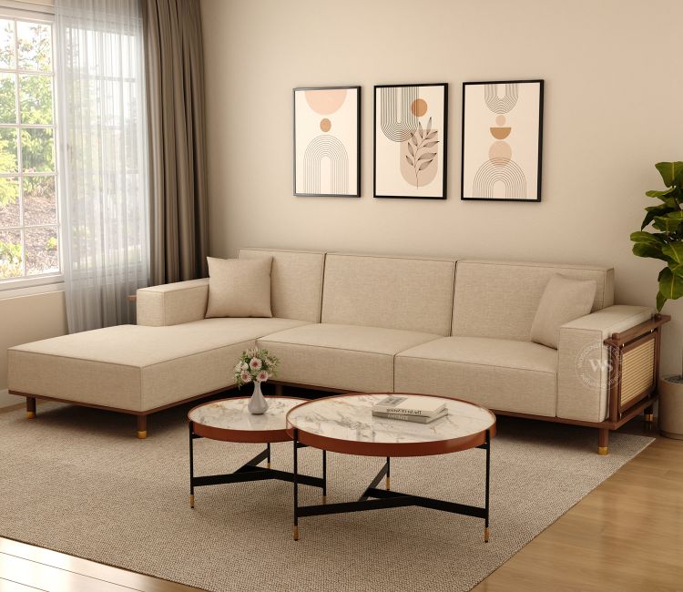Saket Ash Wood L Shape Left Align Sofa with Cane And Brass Accents (Sand Beige)