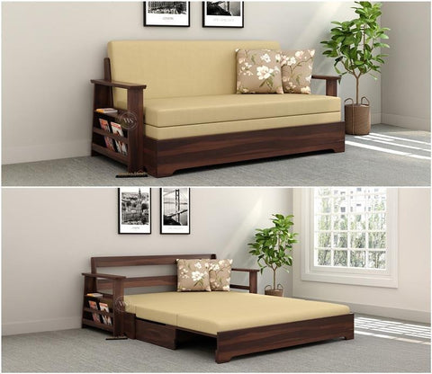 Della Sheesham Wood Sofa Cum Bed With Armrests (Walnut Irish Cream)