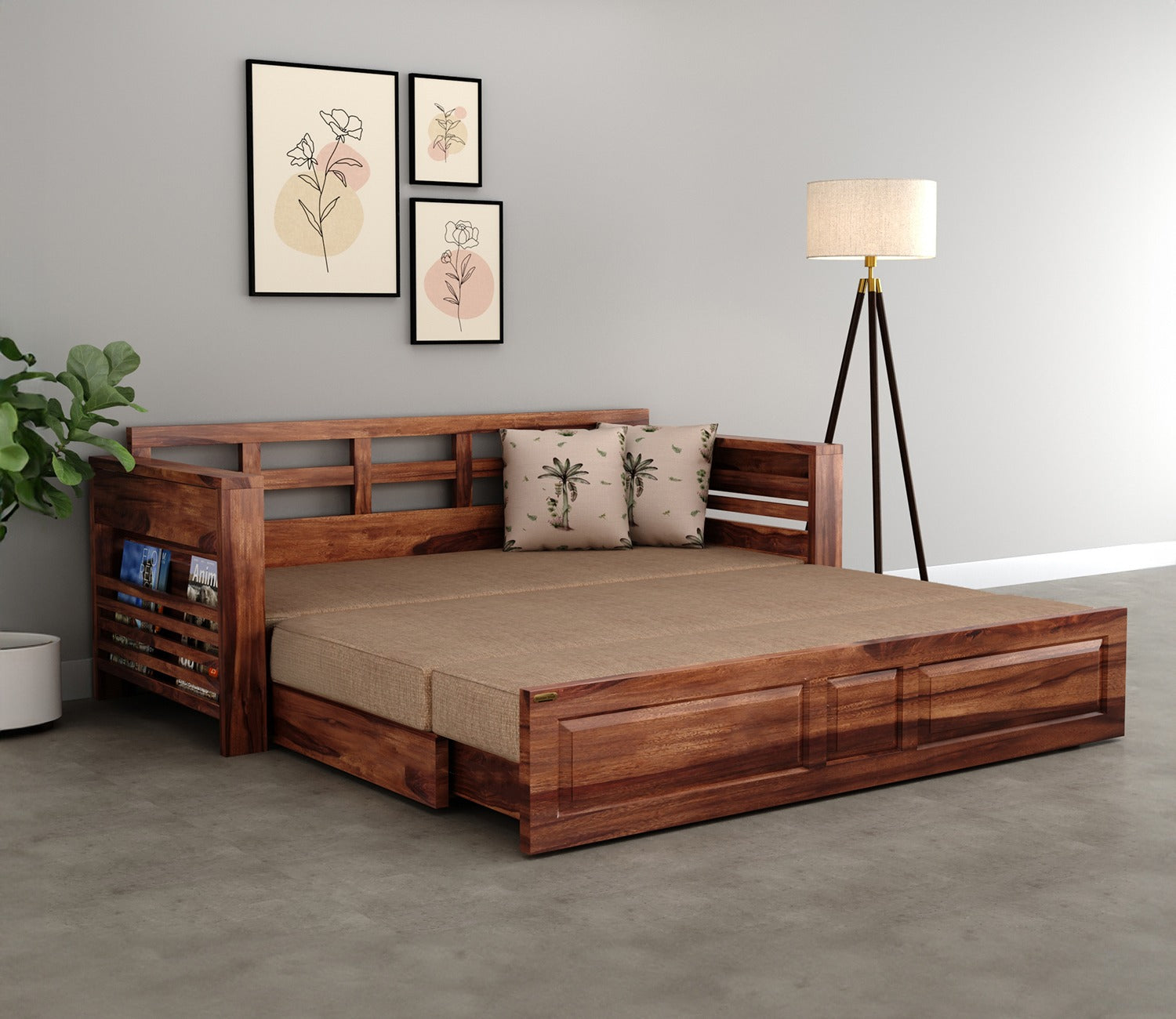 Feltro Sheesham Wood Sofa Bed With Storage (King Size, Honey Beach Cream)