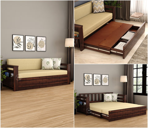 Sereta 3 Seater Sheesham Wood Sofa Cum Bed (King Size, Walnut Finish)