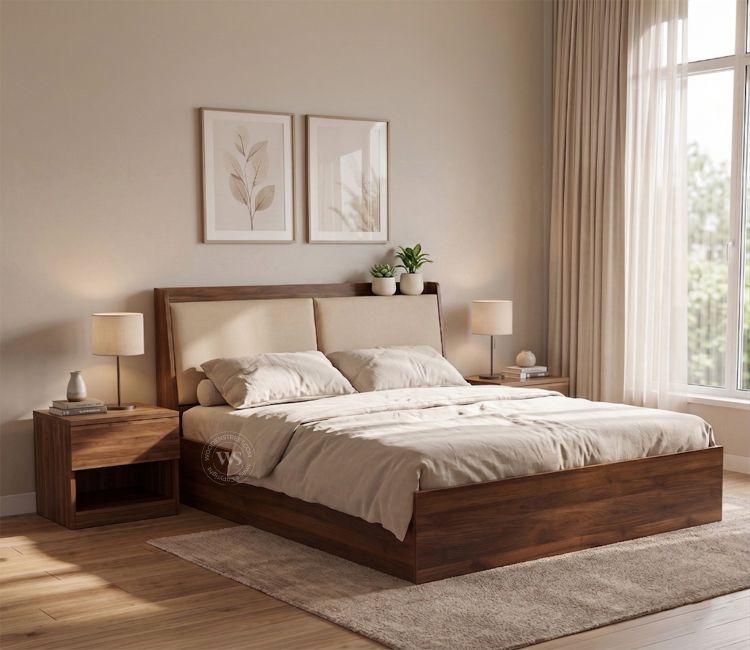Calmora Engineered Wood Bed with Upholstered Headboard and Spacious Box Storage (Queen Size, Columbian Walnut Finish)