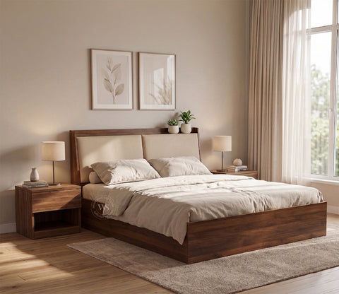 Calmora Engineered Wood Bed with Upholstered Headboard and Spacious Box Storage (Queen Size, Columbian Walnut Finish)
