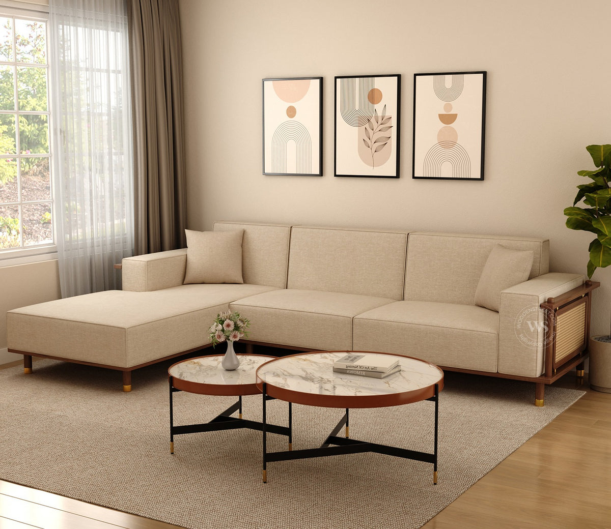 Saket Ash Wood L Shape Left Align Sofa with Cane And Brass Accents (Sand Beige)