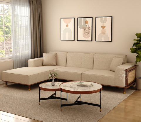 Saket Ash Wood L Shape Left Align Sofa with Cane And Brass Accents (Sand Beige)