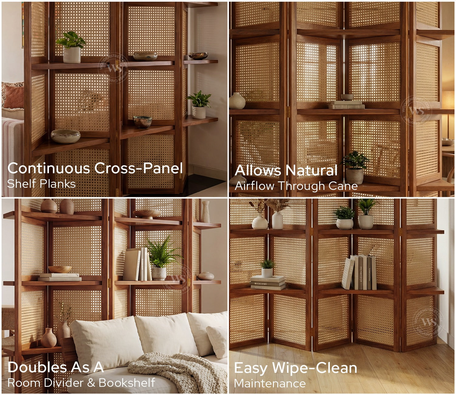 Aakaar Sheesham Wood Foldable Room Divider with Cane Weave & Open Shelves - 5 Panel Partition Screen