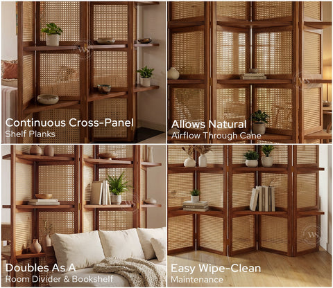 Aakaar Sheesham Wood Foldable Room Divider with Cane Weave & Open Shelves - 5 Panel Partition Screen