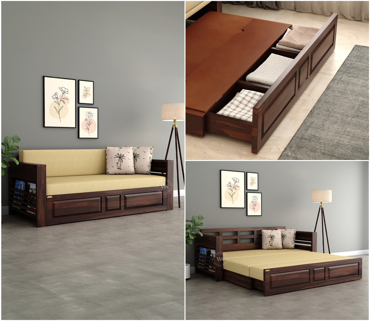 Feltro Sheesham Wood Sofa Bed With Storage (King Size, Walnut Irish Cream)