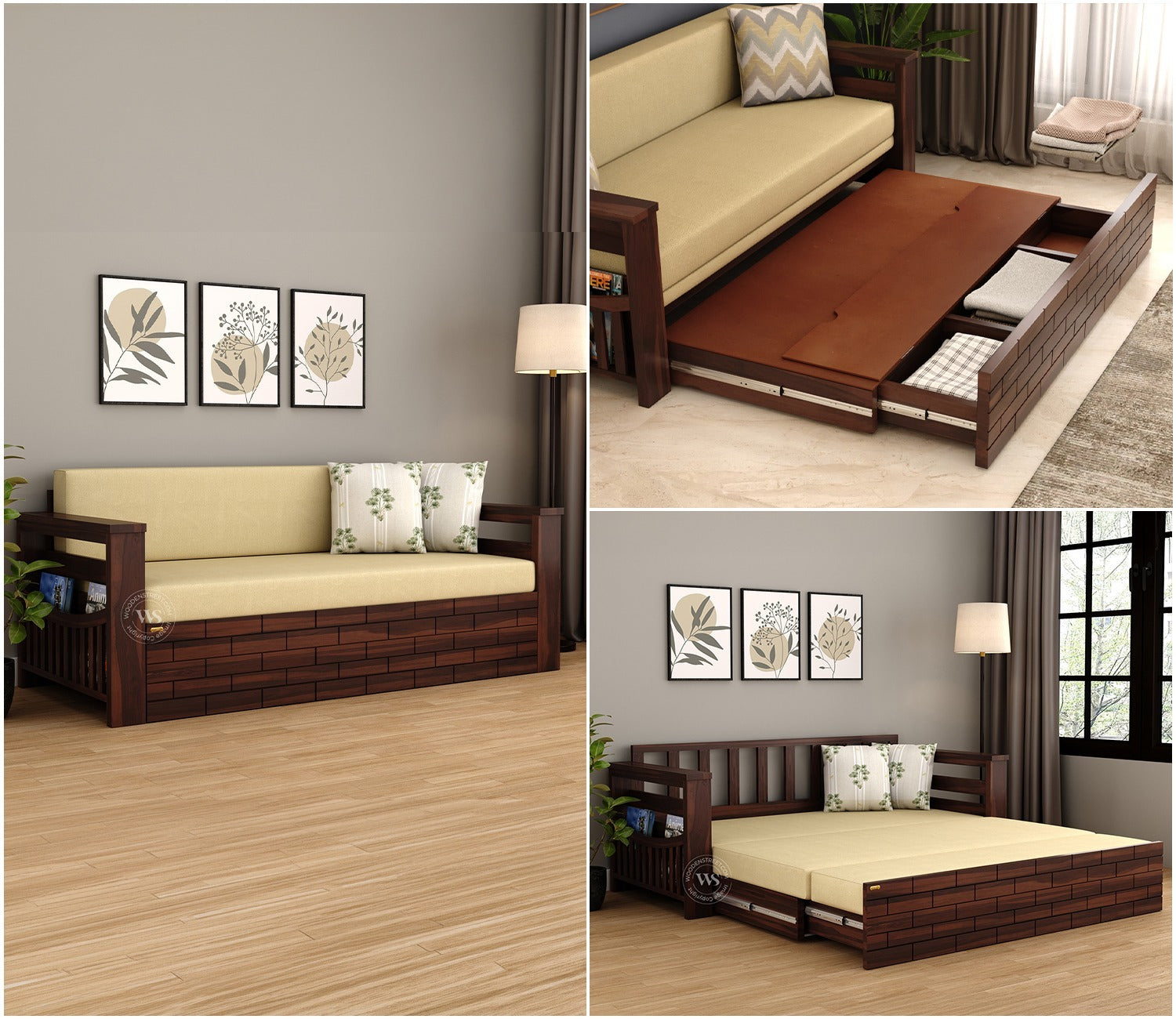 Sereta Sheesham Wood Sofa Cum Bed (Queen Size, Walnut Finish)