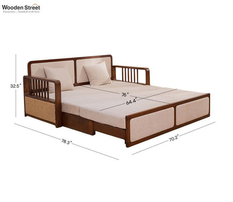 Vaastu 3-Seater Sheesham Wood Sofa Cum Bed in Premium Upholstery with Cane Weaving & Brass Accents (Teak Finish, Cottage Ivory)