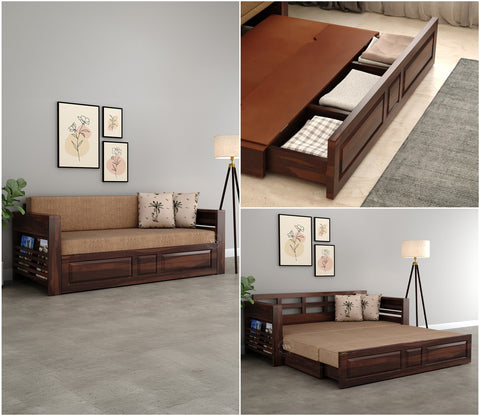 Feltro Sheesham Wood Sofa Bed With Storage (King Size, Walnut Beach Cream)