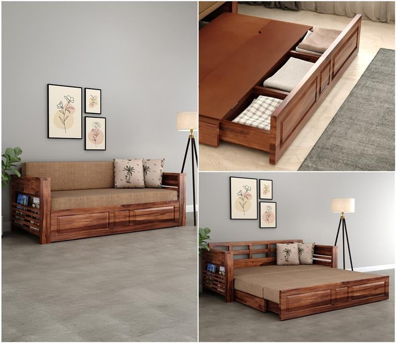 Feltro Sheesham Wood Sofa Bed With Storage (King Size, Honey Beach Cream)