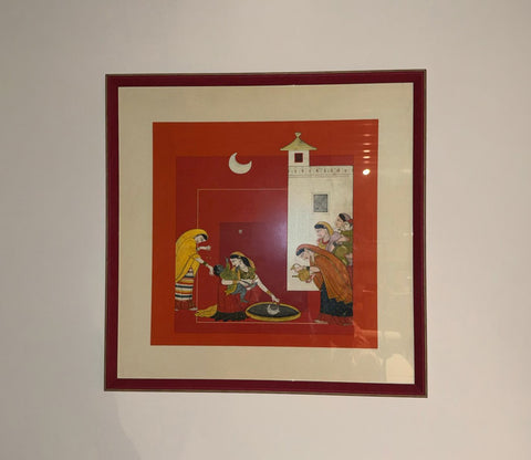 Traditional Indian Miniature Women Ritual Scene Wall Art Frame (Multicolor)