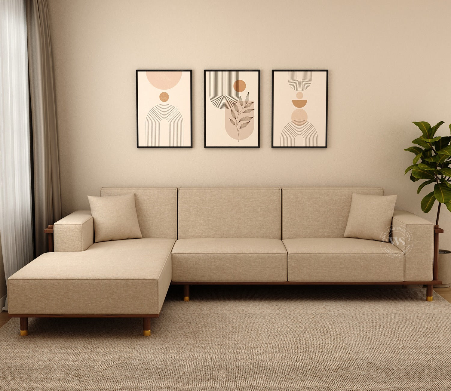 Saket Ash Wood L Shape Left Align Sofa with Cane And Brass Accents (Sand Beige)