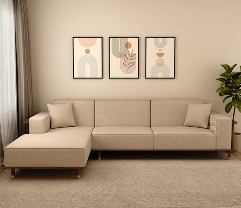 Saket Ash Wood L Shape Left Align Sofa with Cane And Brass Accents (Sand Beige)