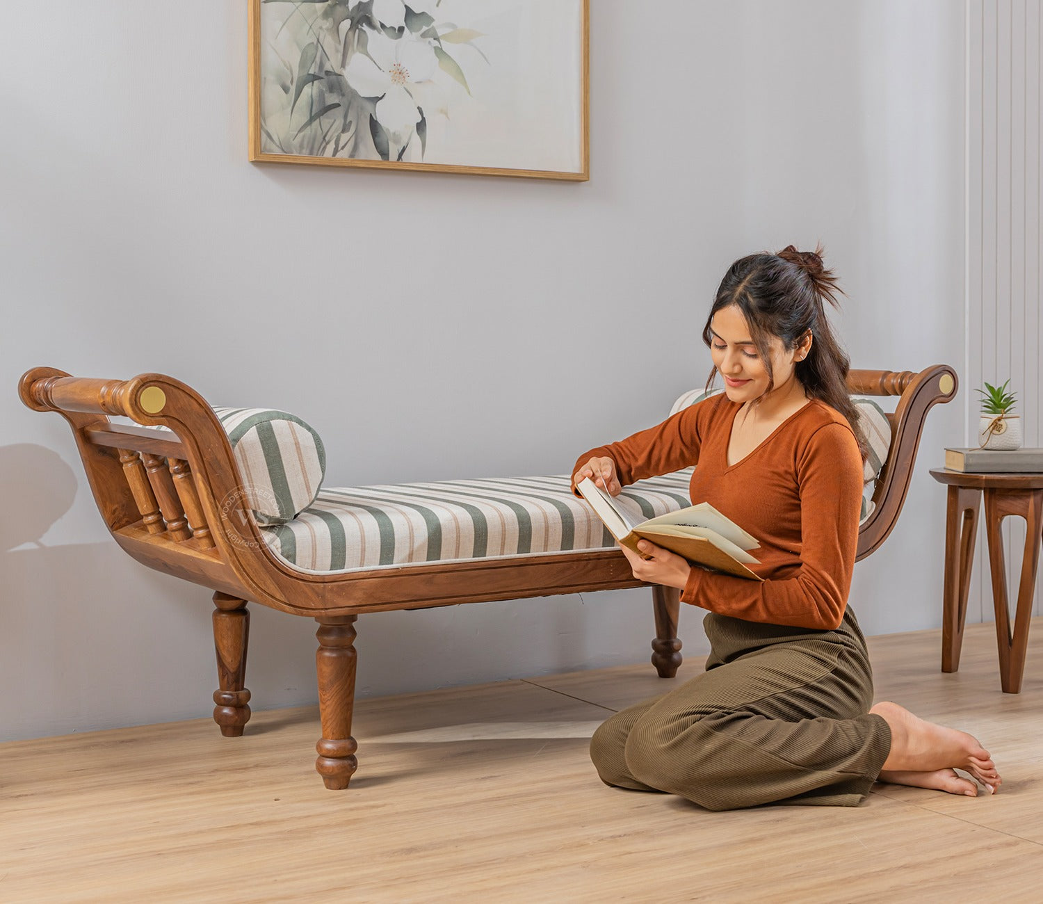 Virasat Sheesham Wood Sofa Bench With Cushioned Seat (Teak Finish, Green Stripes)