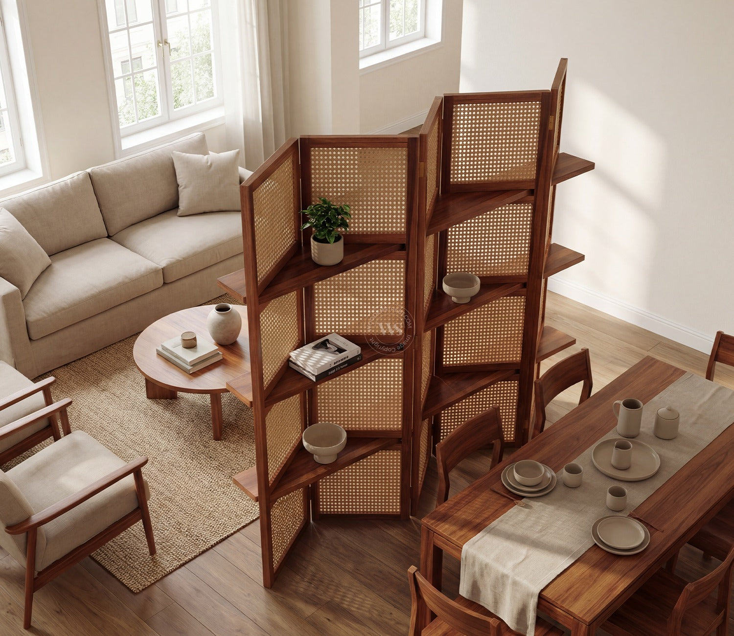 Aakaar Sheesham Wood Foldable Room Divider with Cane Weave & Open Shelves - 5 Panel Partition Screen