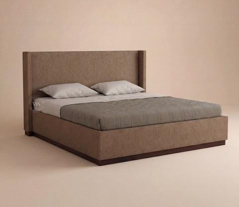Kesarth Luxe Upholstered Hydraulic Storage Bed with High-Rise Headboard (Queen Size, Sand Brown)
