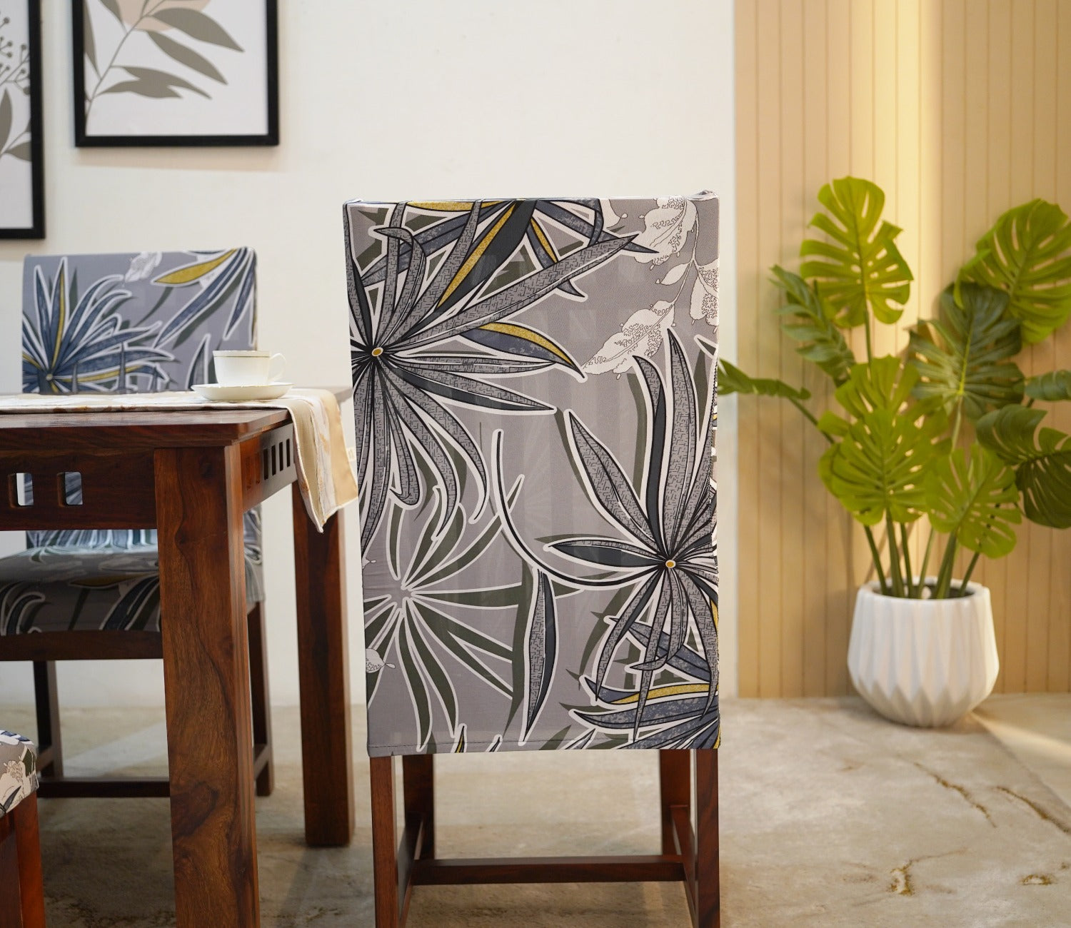 Cassia Floral Printed Polyester Spandex 1 Piece Chair Cover (Grey)