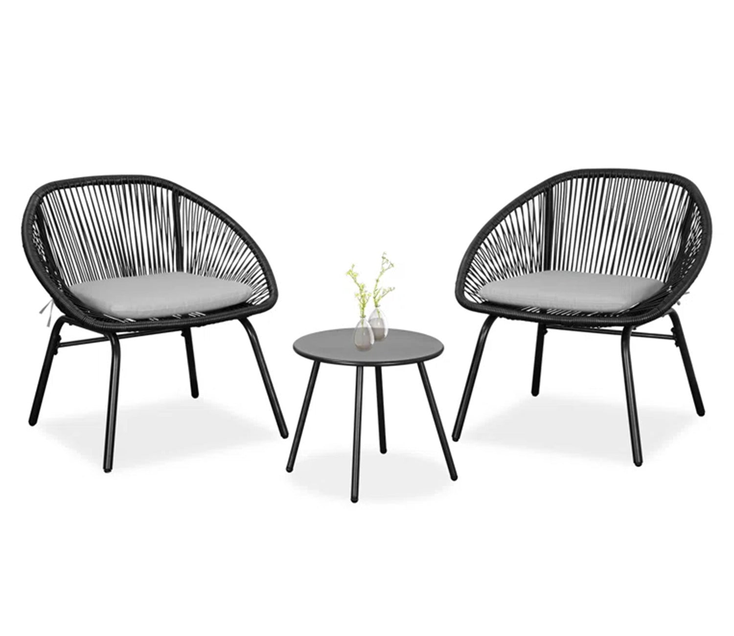 Black Rope 2 Seater Chair With Table And Grey Cushions Patio Set
