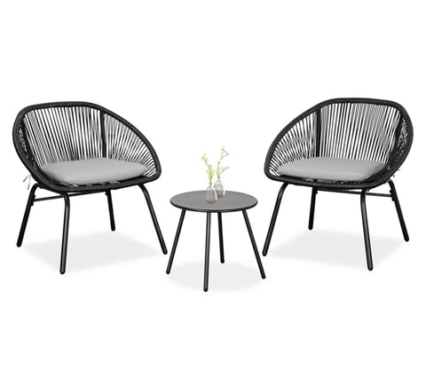 Black Rope 2 Seater Chair With Table And Grey Cushions Patio Set