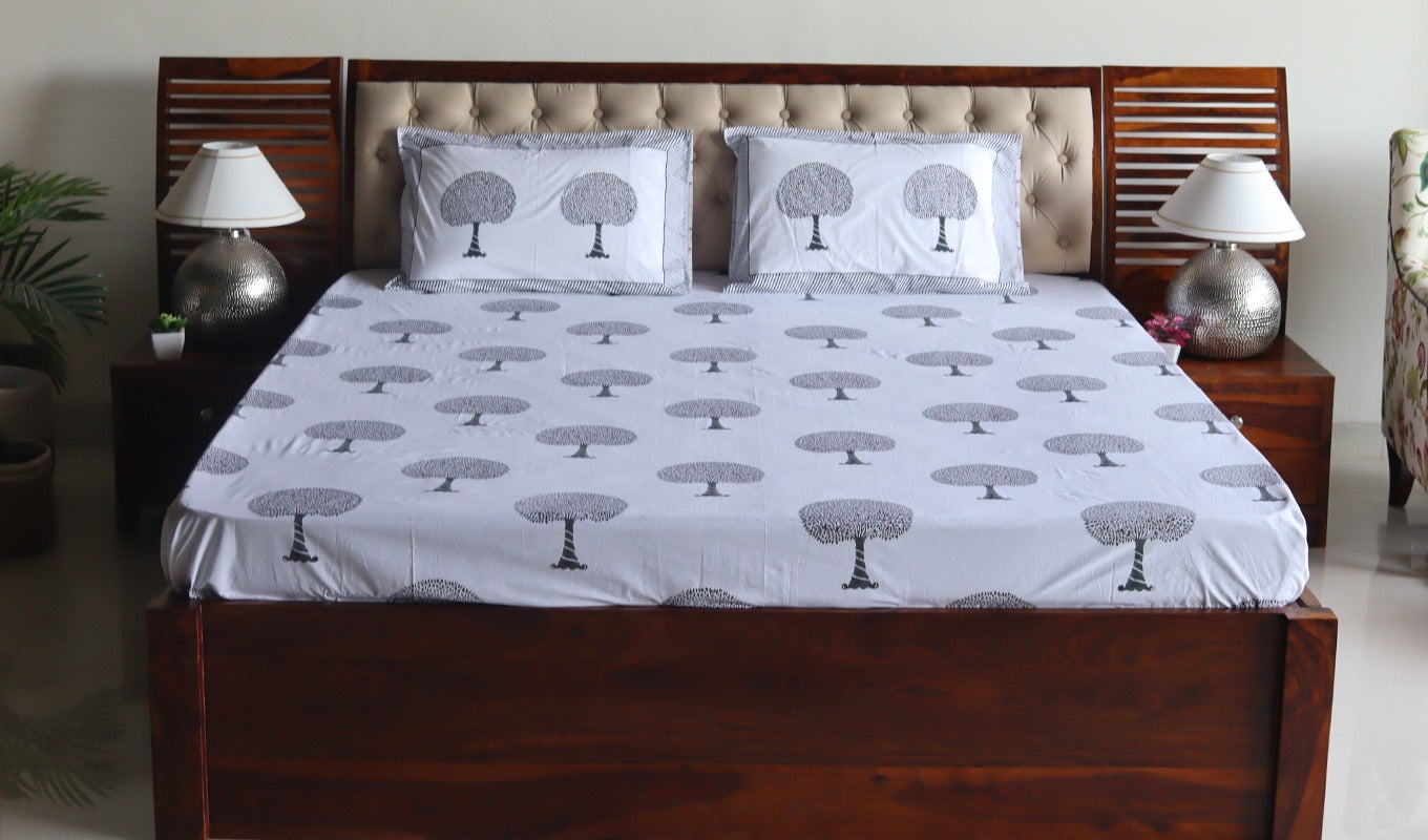 Tree Motifs Hand Block Printed White Double Bed Sheet with Pillow Covers