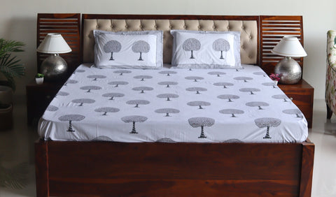 Tree Motifs Hand Block Printed White Double Bed Sheet with Pillow Covers