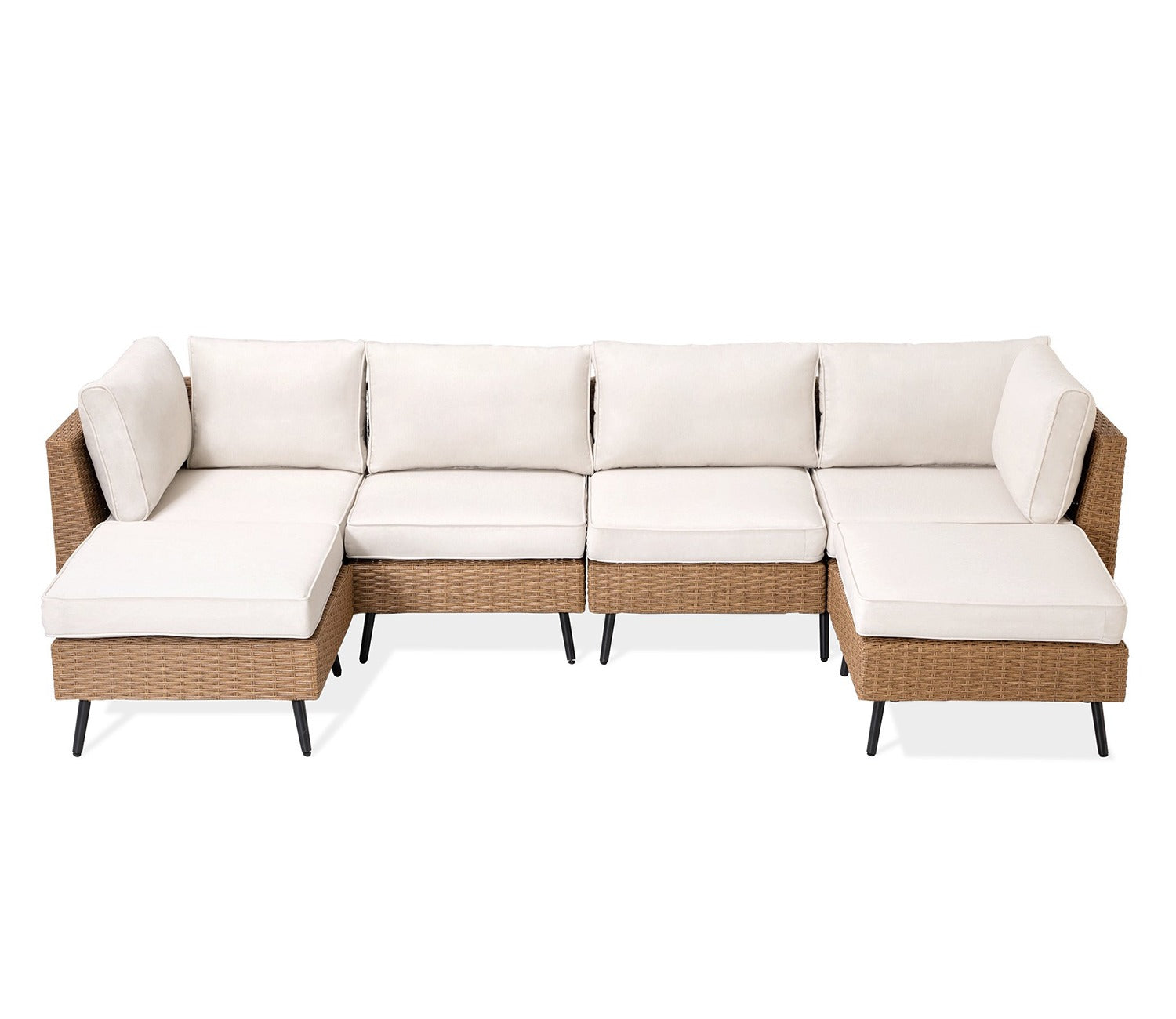 Beige Rattan And Wicker 5 Seater Patio Set With Table And Off White Cushions