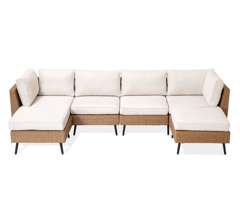 Beige Rattan And Wicker 5 Seater Patio Set With Table And Off White Cushions