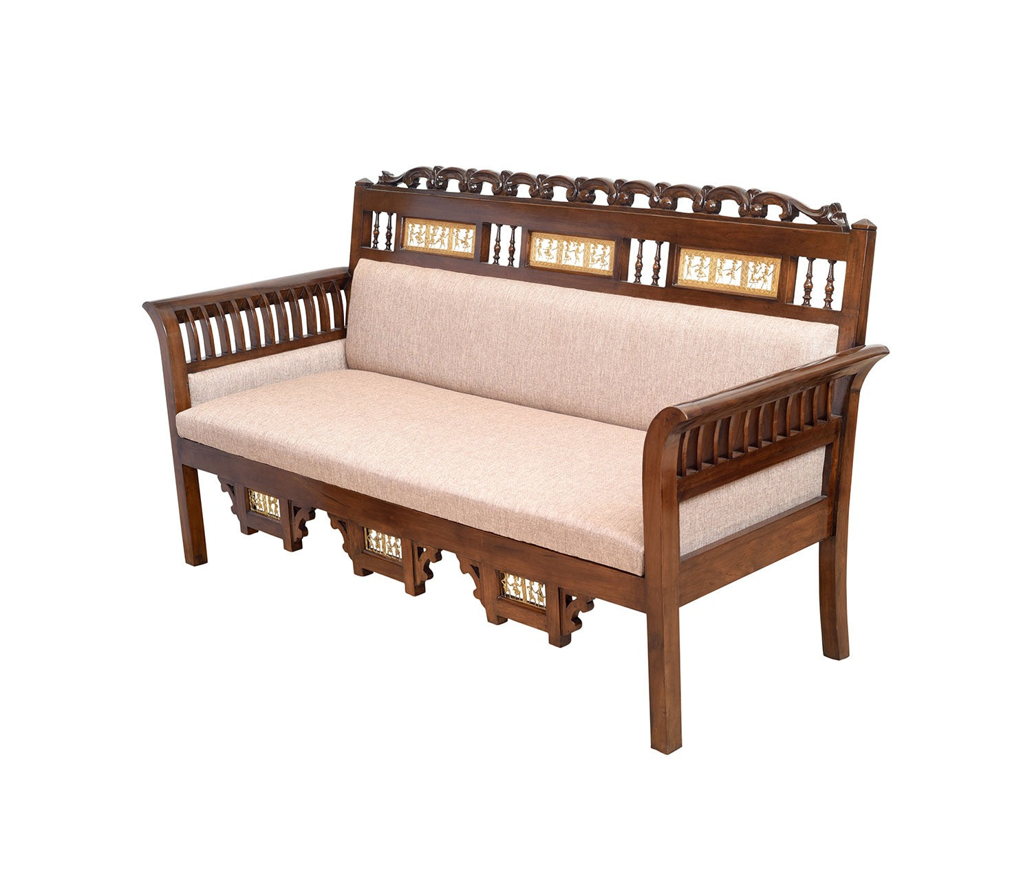 Maharaja Three Seater Sofa in Teakwood with Walnut Finish adorned with Dhokra Brass Frames