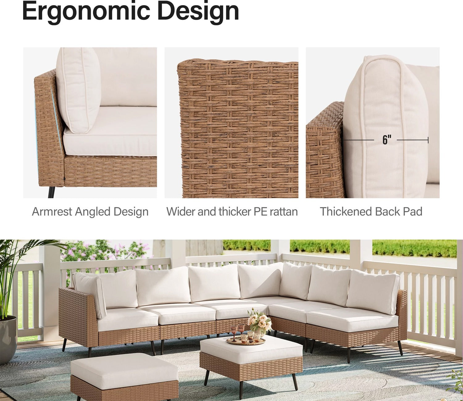 Beige Rattan And Wicker 8 Seater Patio Set With Off White Cushions