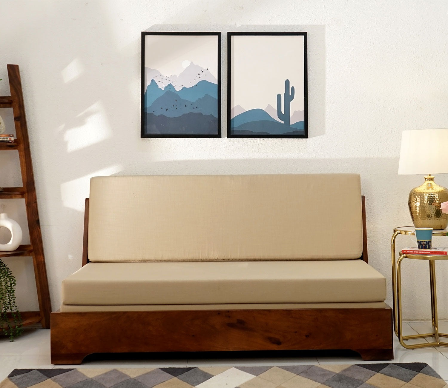 Della 3 Seater Sheesham Wood Sofa Cum Bed Without Armrests (Honey Irish Cream)