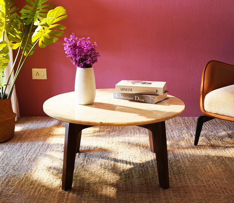 Siya Sheesham Wood Center Table with Marble Top (Teak Finish)