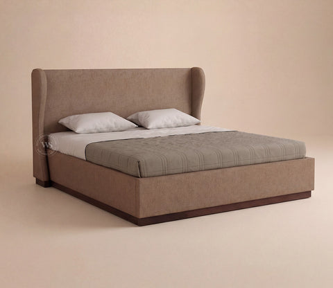 Adhiraj Luxurious Fabric Hydraulic Storage Bed with Plush Wingback Headboard (Queen Size, Sand Brown)