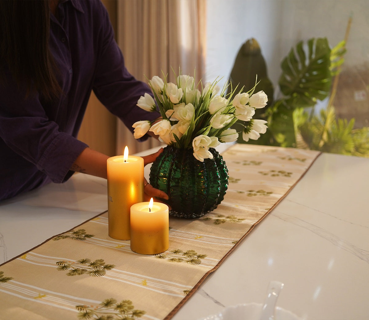 Palmetto Stripe Printed Cotton Table Runner (Beige, 13 x 72 Inches )