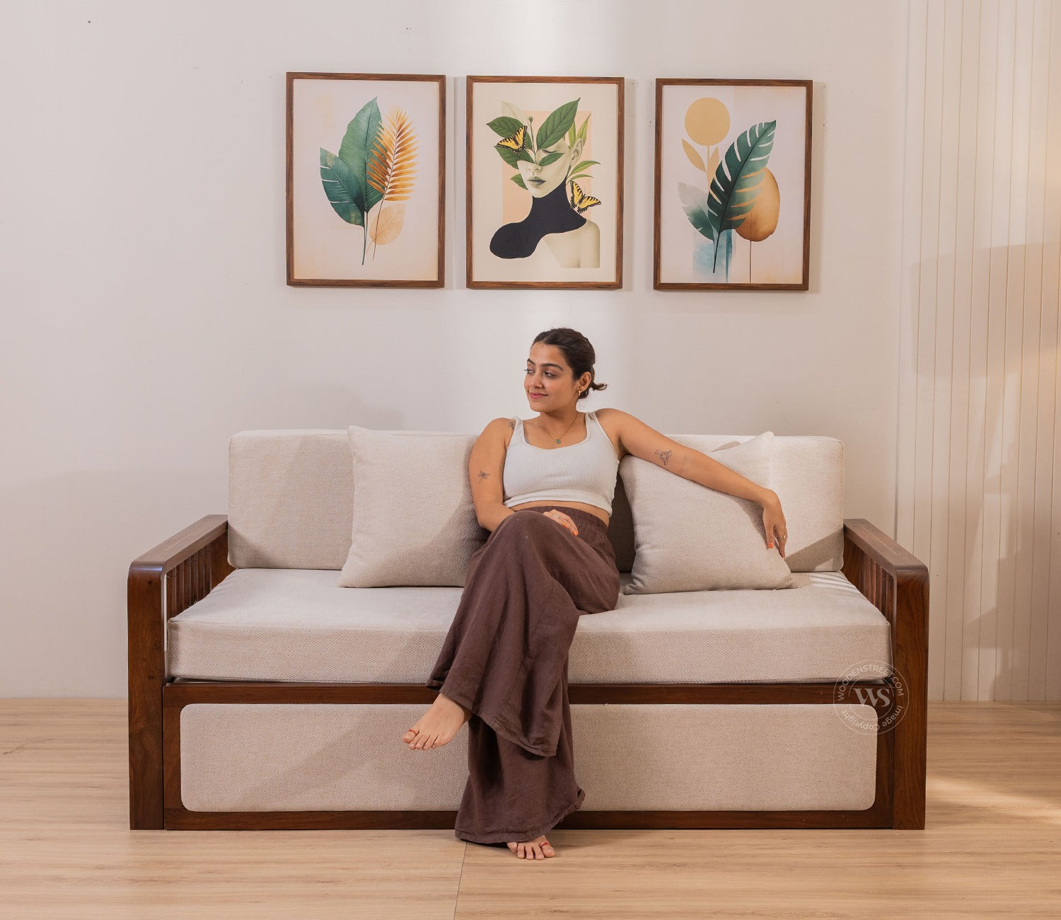 Vaastu 3-Seater Sheesham Wood Sofa Cum Bed in Premium Upholstery with Cane Weaving & Brass Accents (Teak Finish, Cottage Ivory)