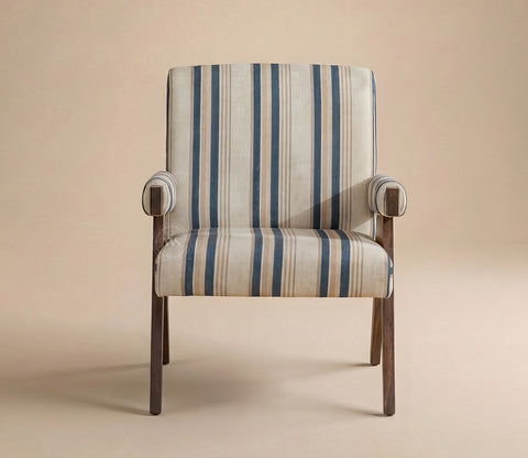 Troupe Sheesham Wood Chandigarh Chair with Premium Upholstery (Blue Stripes, Teak Finish)