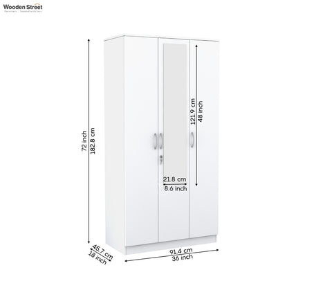 Kayden 3 Door Multi Utility Wardrobe With Hanging Rod & Mirror (Frosty White Finish)